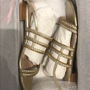 Stuart Weitzman gold braided flat sandals, size 8